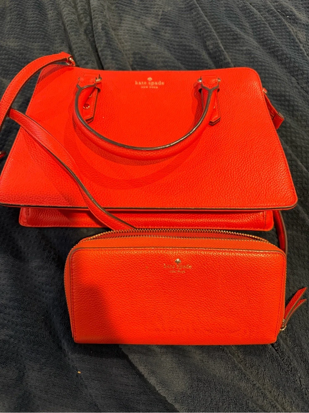 kate spade clementine Orange Leather Satchel with Matching Zip Wallet